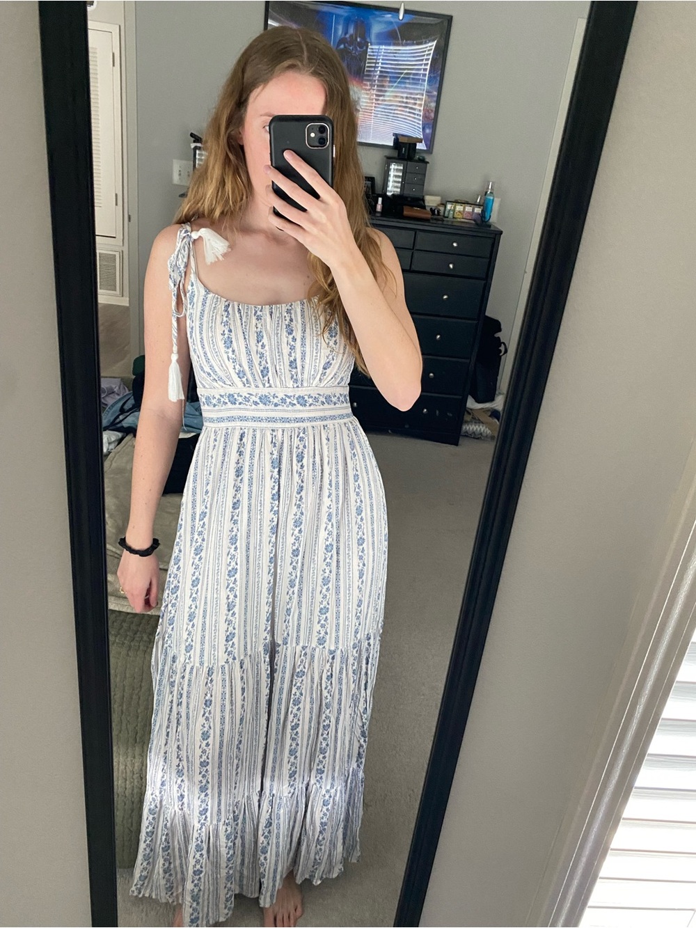 White and Blue Striped Floral Maxi Dress